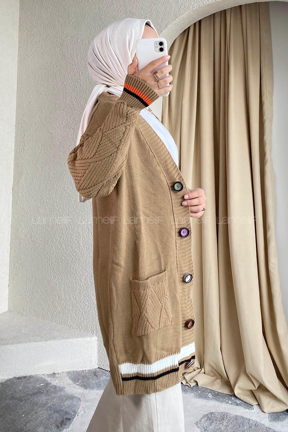 Modalamelif Önü Renkli Düğmeli Çift Cepli Triko Hırka Sütlükahve