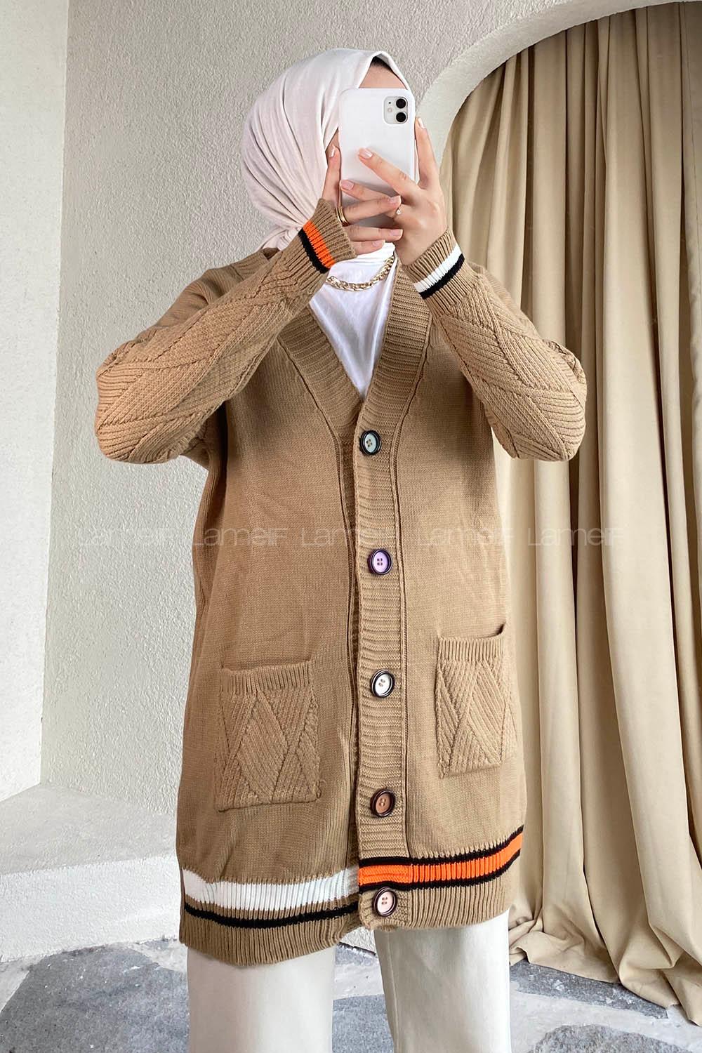 Modalamelif Önü Renkli Düğmeli Çift Cepli Triko Hırka Sütlükahve