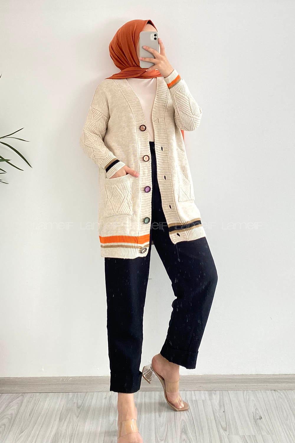 Modalamelif Önü Renkli Düğmeli Çift Cepli Triko Hırka Taş Rengi