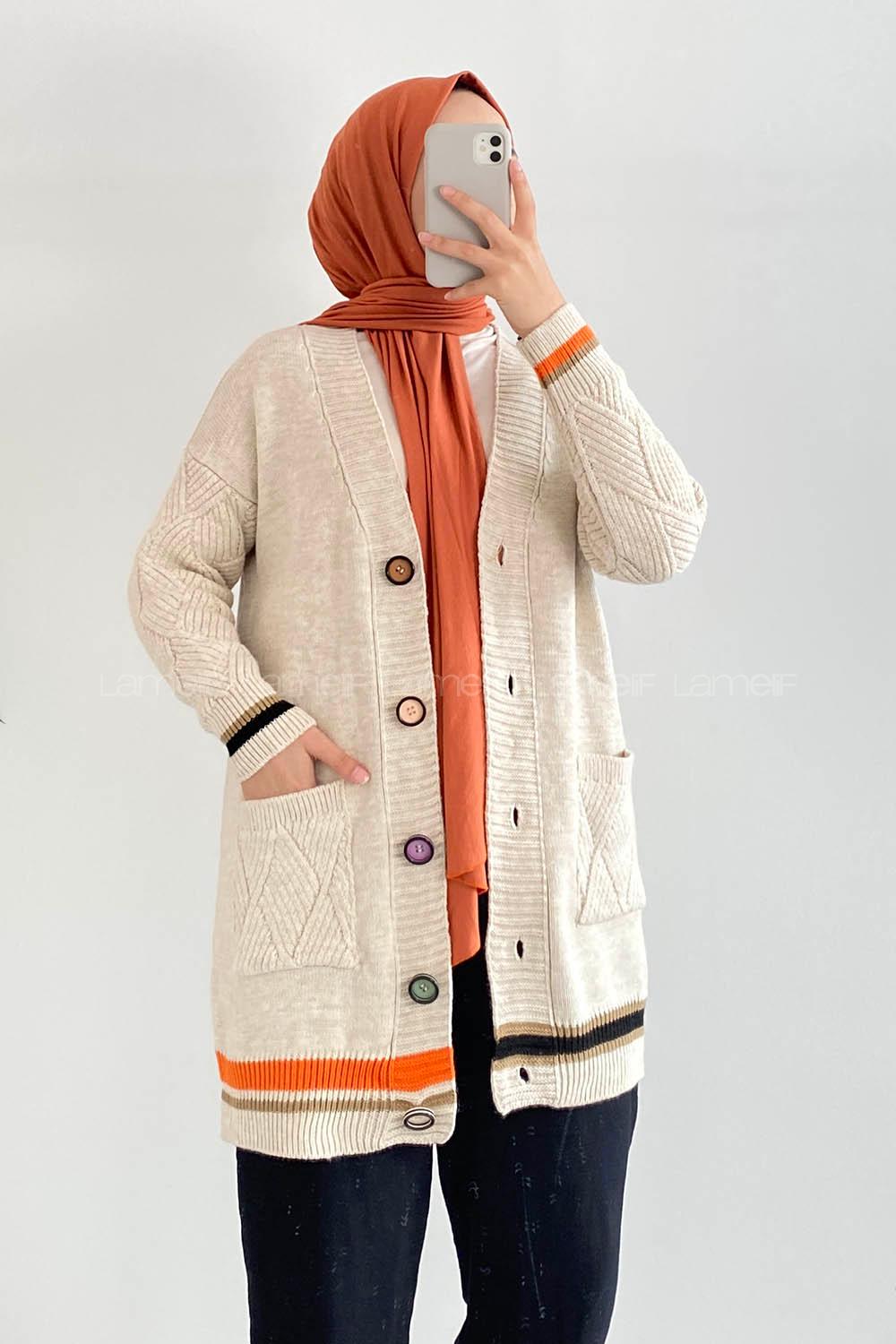 Modalamelif Önü Renkli Düğmeli Çift Cepli Triko Hırka Taş Rengi