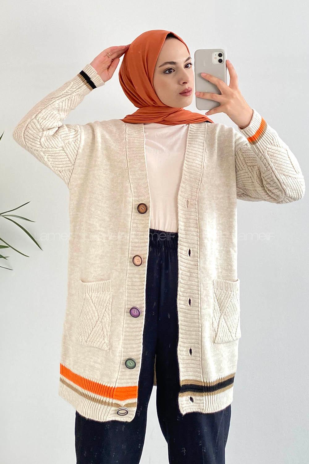 Modalamelif Önü Renkli Düğmeli Çift Cepli Triko Hırka Taş Rengi