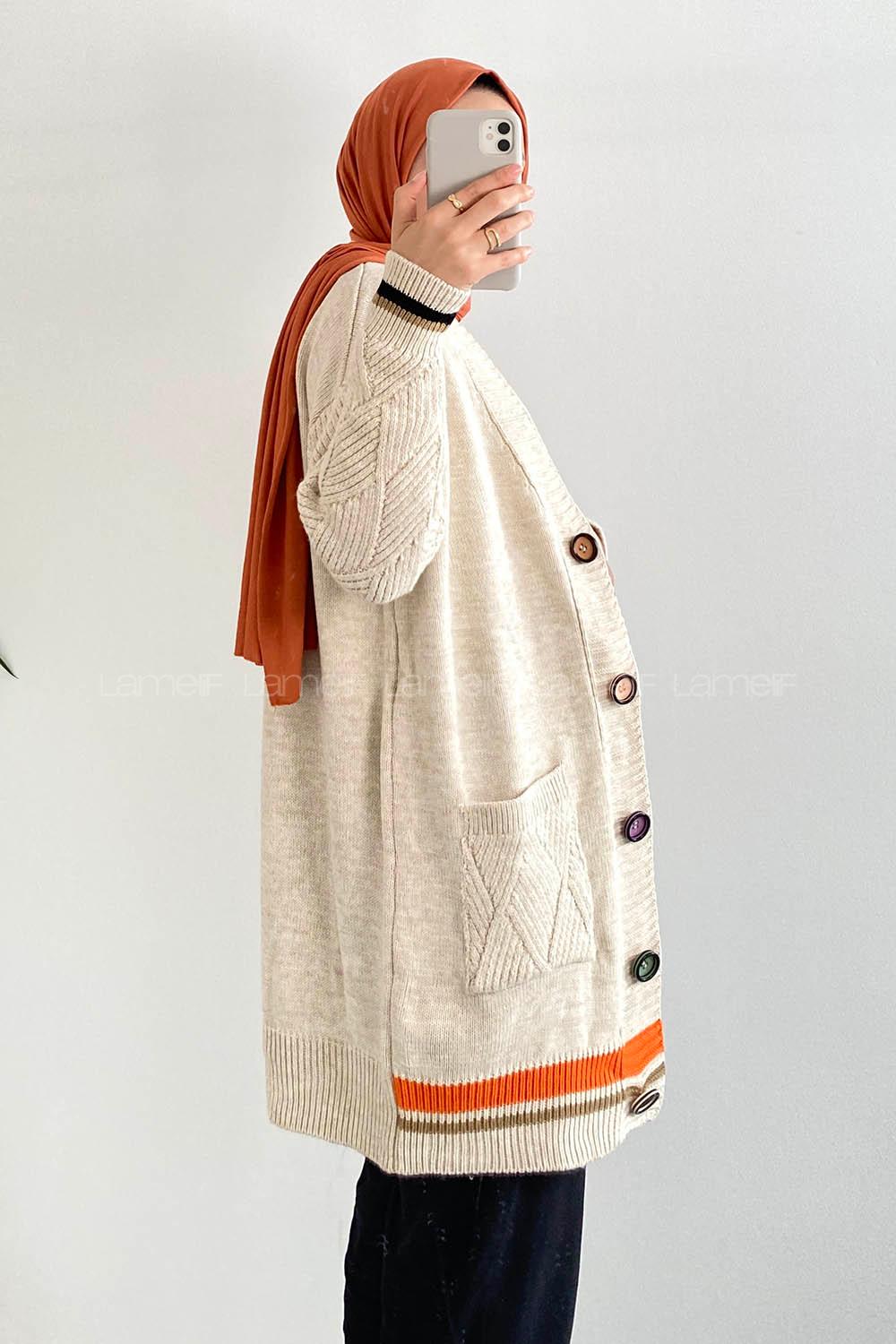 Modalamelif Önü Renkli Düğmeli Çift Cepli Triko Hırka Taş Rengi