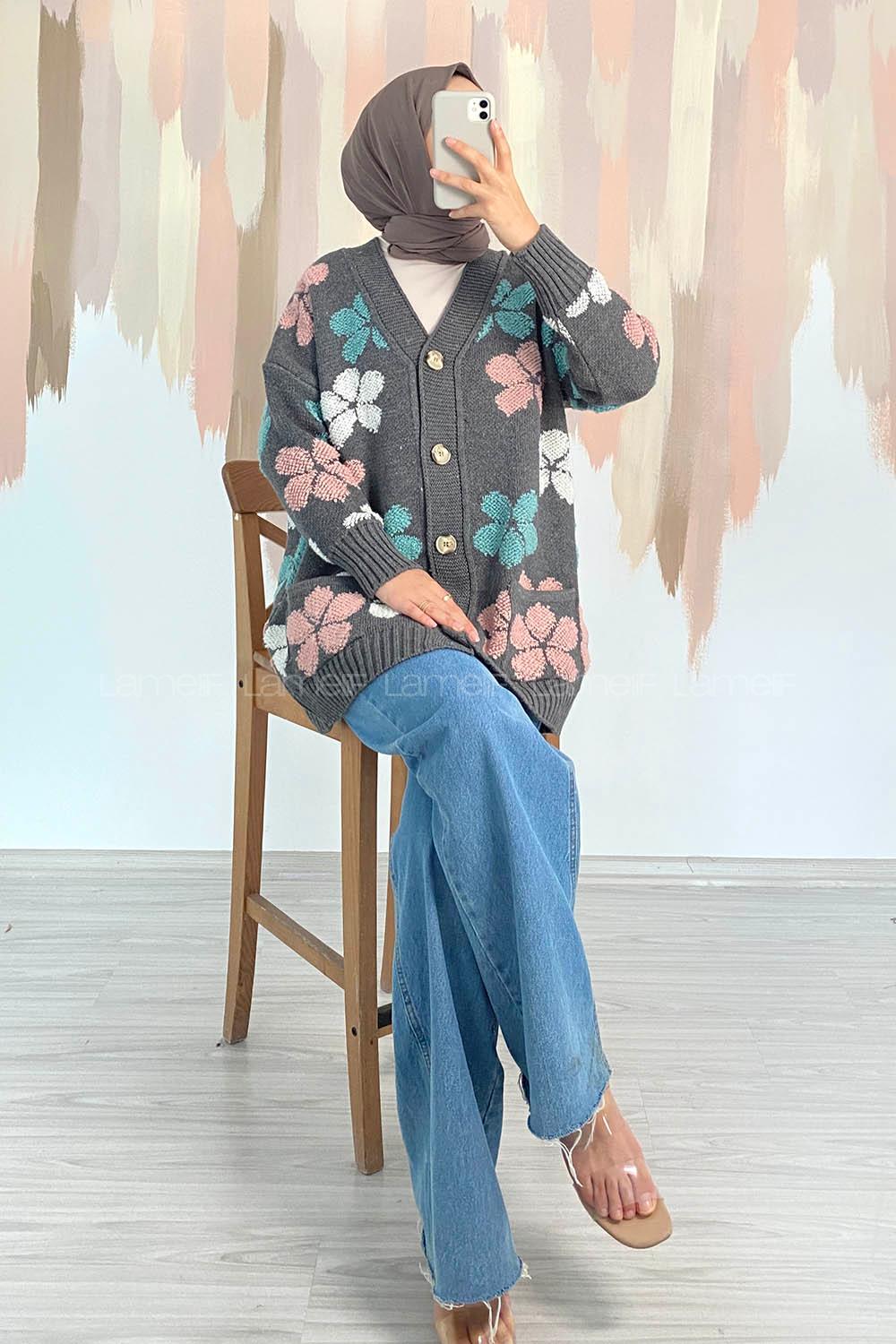 Modalamelif  Papatya Desen Cepli Hırka Füme