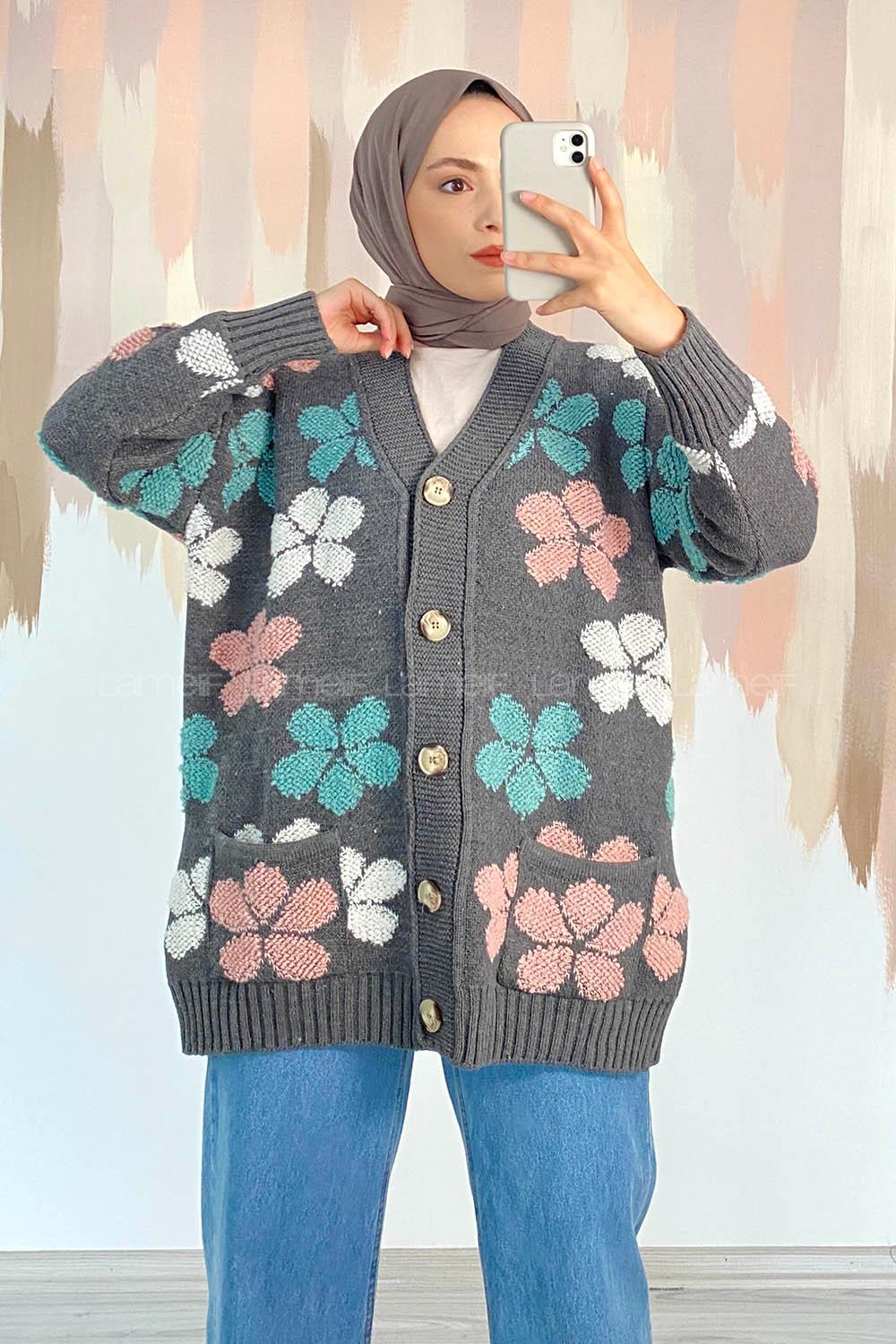 Modalamelif  Papatya Desen Cepli Hırka Füme