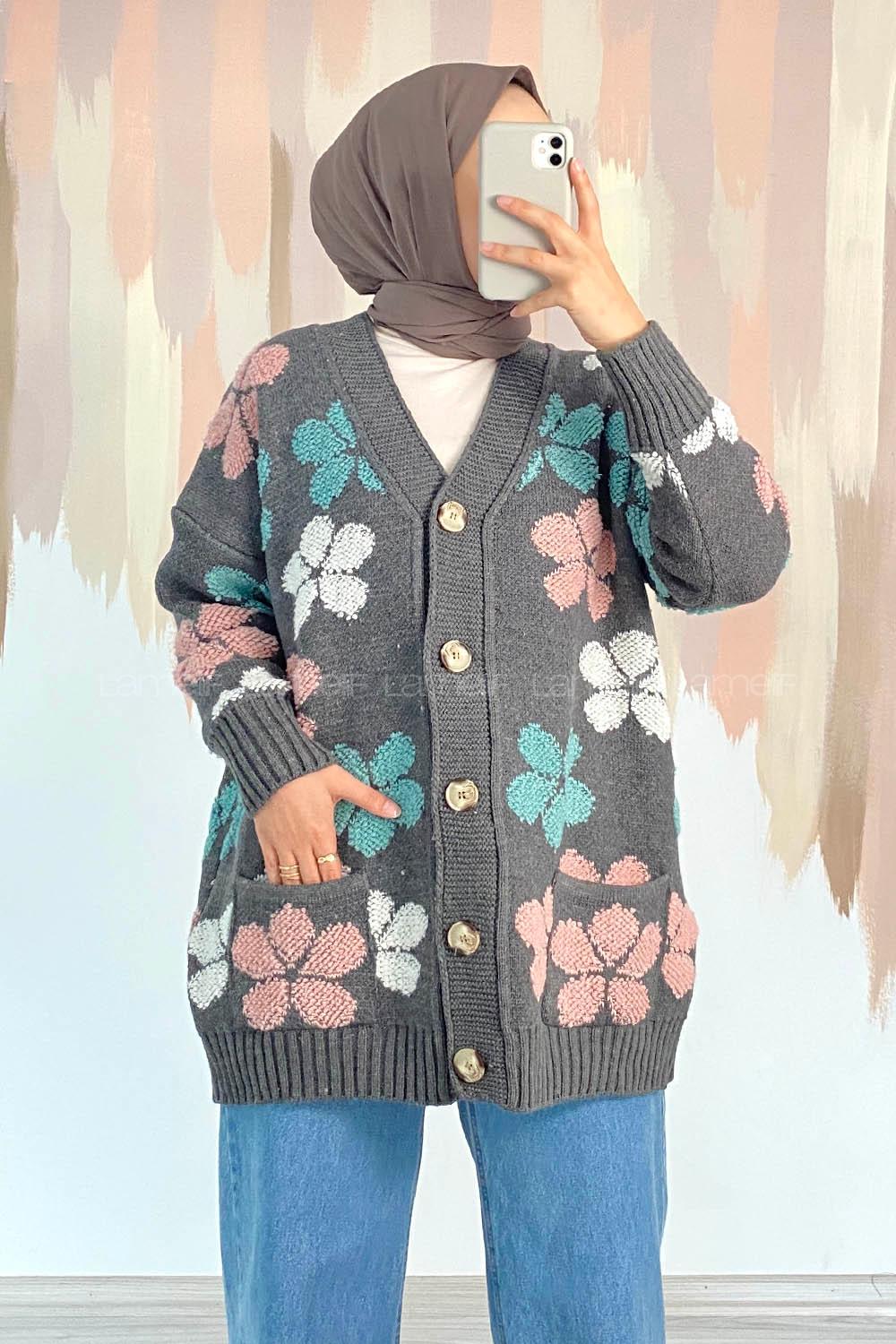 Modalamelif  Papatya Desen Cepli Hırka Füme