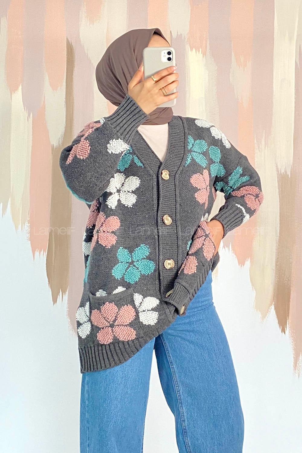 Modalamelif  Papatya Desen Cepli Hırka Füme