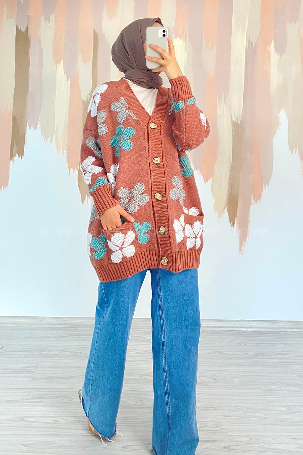 Modalamelif  Papatya Desen Cepli Hırka Gül