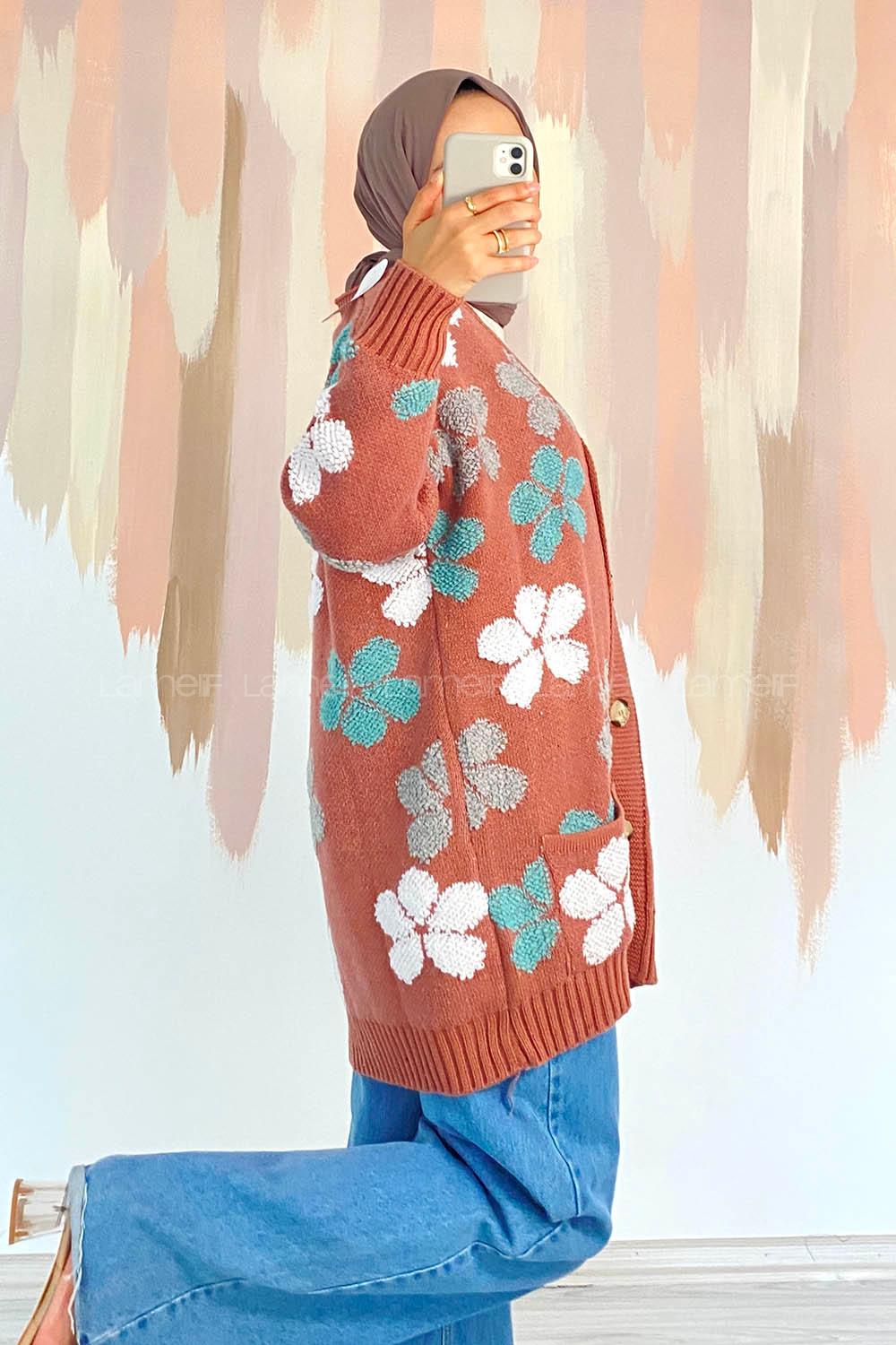 Modalamelif  Papatya Desen Cepli Hırka Gül