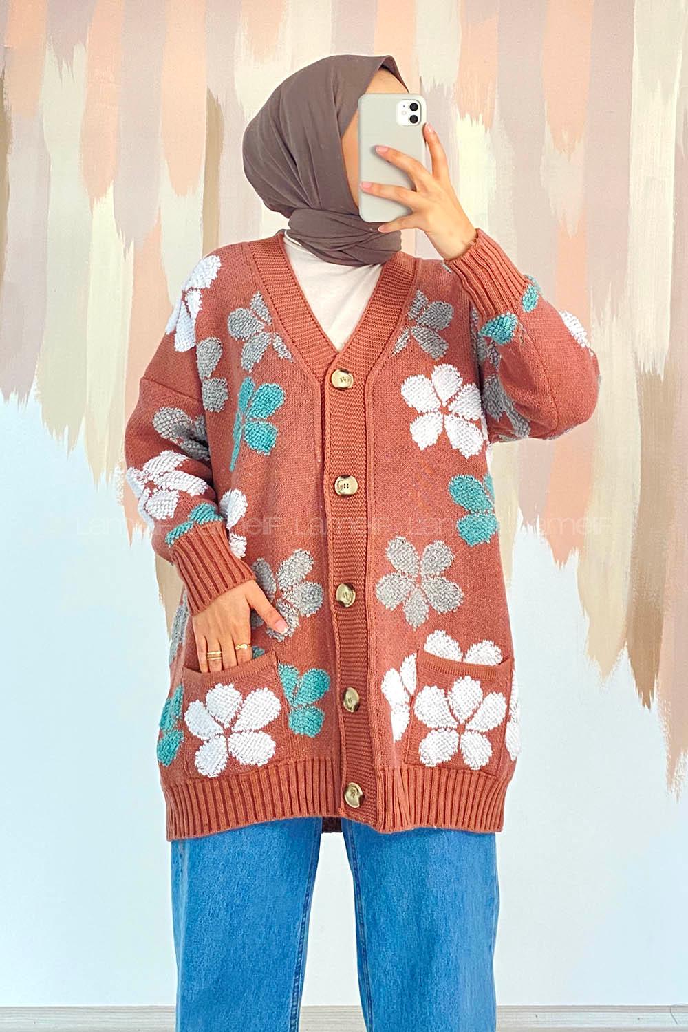 Modalamelif  Papatya Desen Cepli Hırka Gül