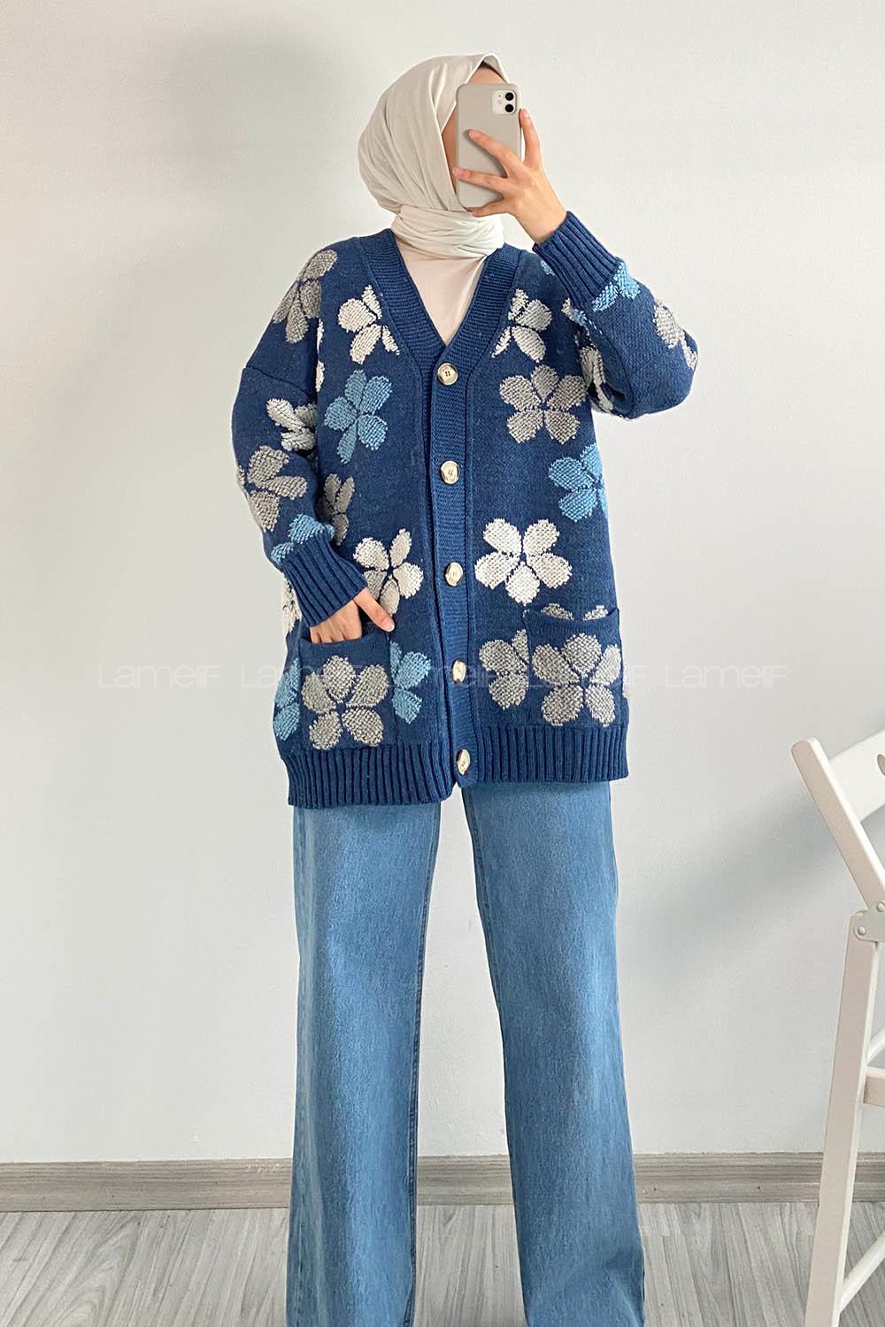 Modalamelif  Papatya Desen Cepli Hırka İndigo