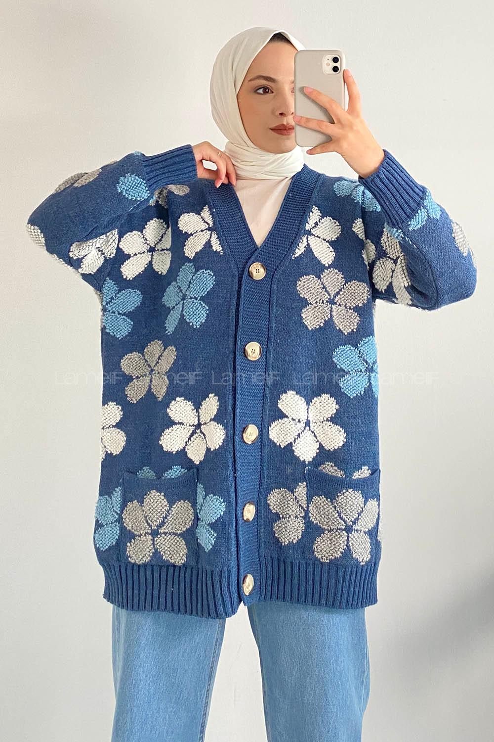 Modalamelif  Papatya Desen Cepli Hırka İndigo