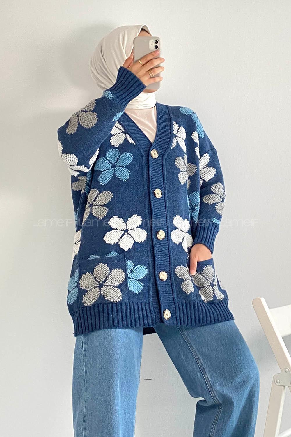 Modalamelif  Papatya Desen Cepli Hırka İndigo