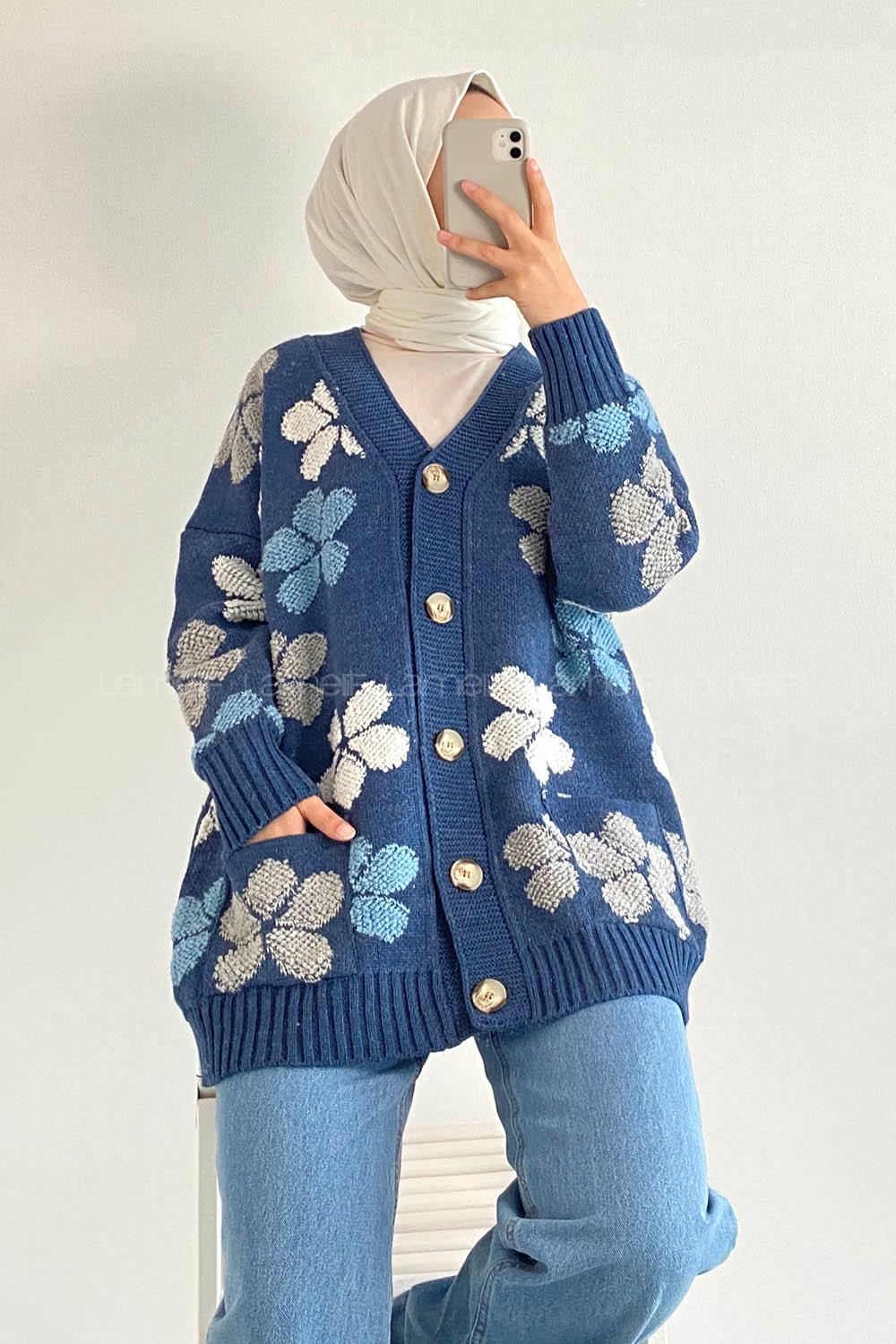 Modalamelif  Papatya Desen Cepli Hırka İndigo