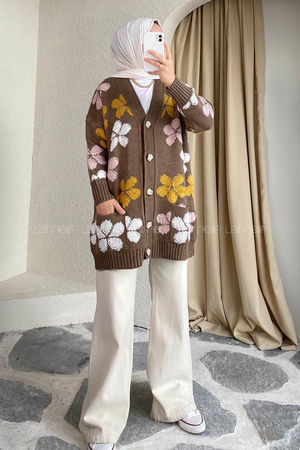 Modalamelif  Papatya Desen Cepli Hırka Kahverengi