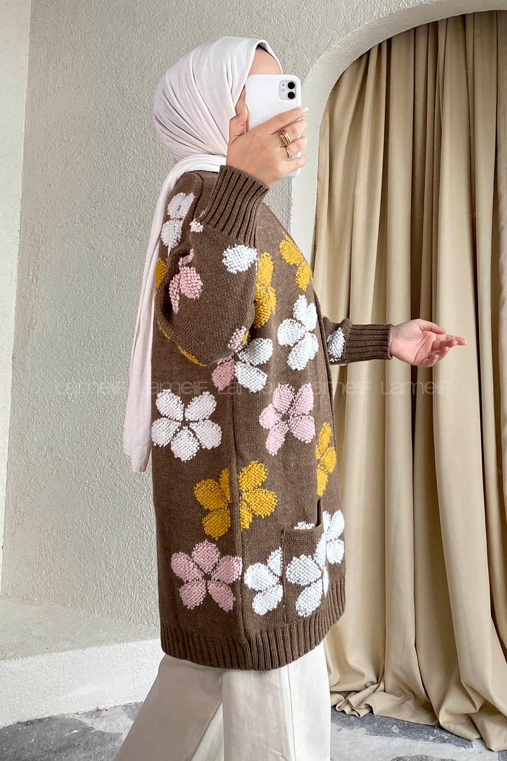 Modalamelif  Papatya Desen Cepli Hırka Kahverengi