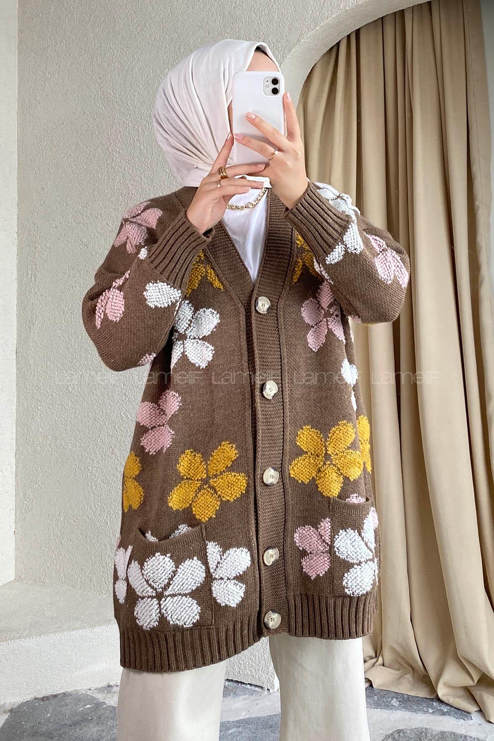 Modalamelif  Papatya Desen Cepli Hırka Kahverengi