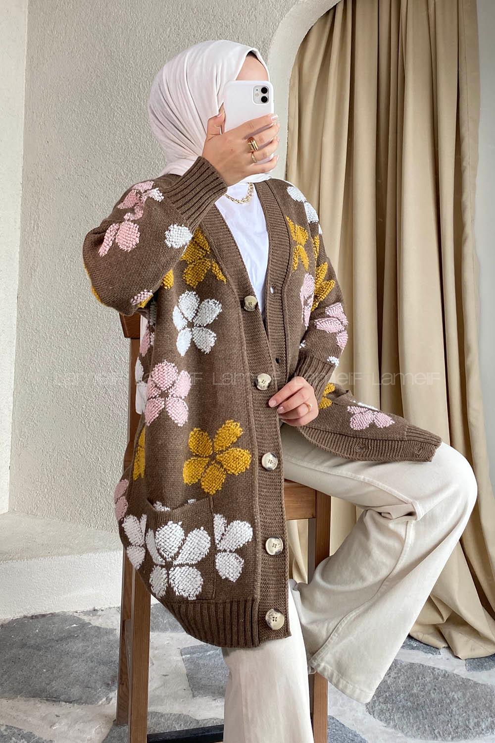 Modalamelif  Papatya Desen Cepli Hırka Kahverengi