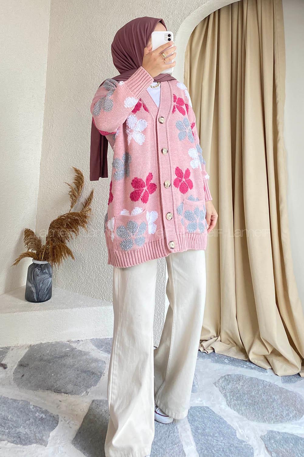 Modalamelif  Papatya Desen Cepli Hırka Pudra