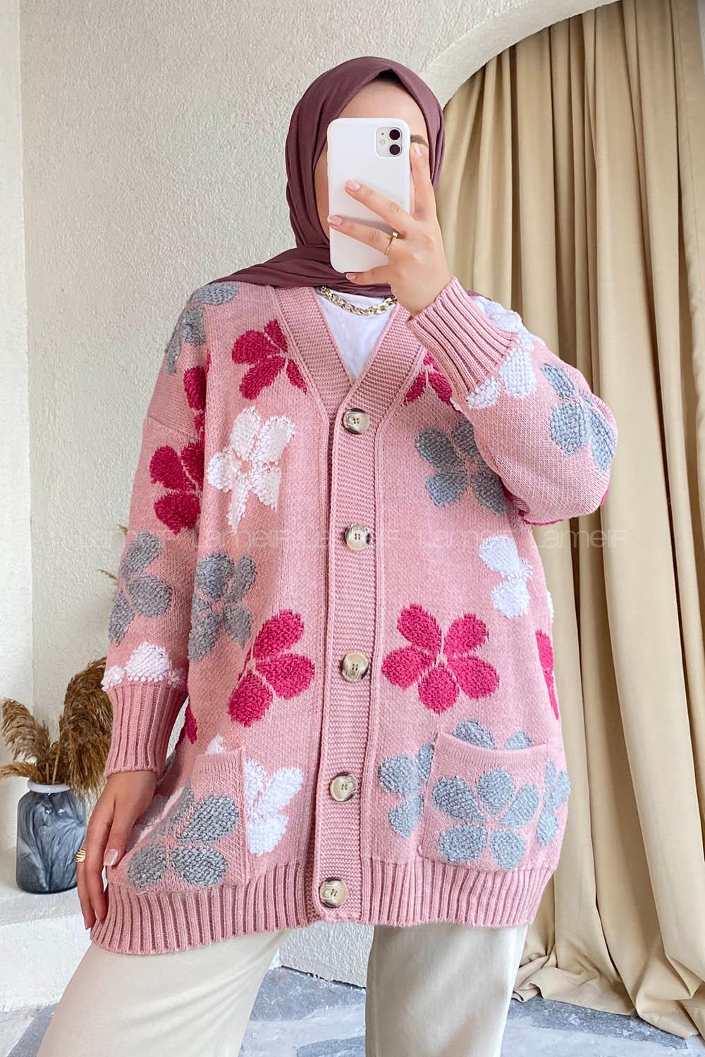 Modalamelif  Papatya Desen Cepli Hırka Pudra