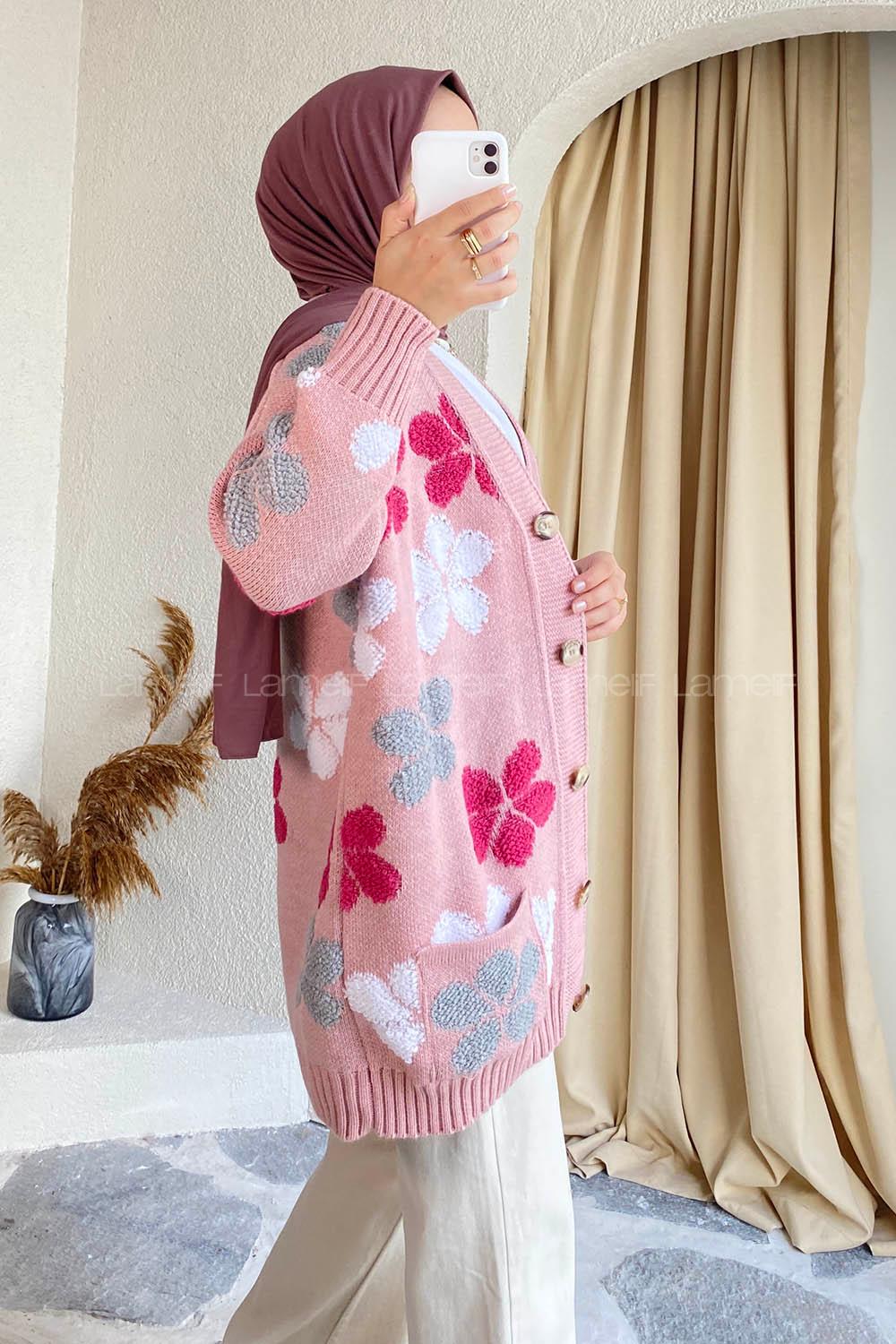 Modalamelif  Papatya Desen Cepli Hırka Pudra