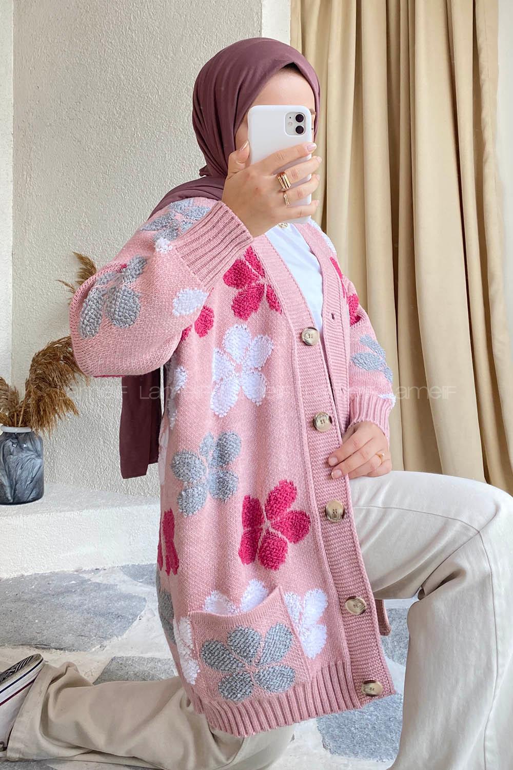 Modalamelif  Papatya Desen Cepli Hırka Pudra