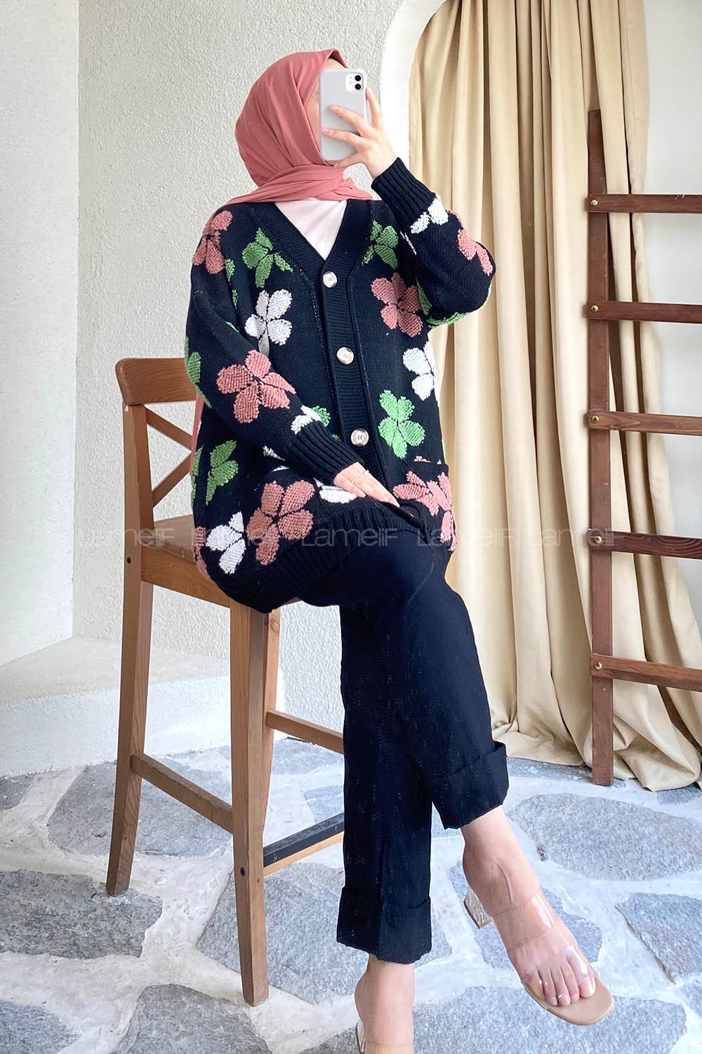 Modalamelif  Papatya Desen Cepli Hırka Siyah