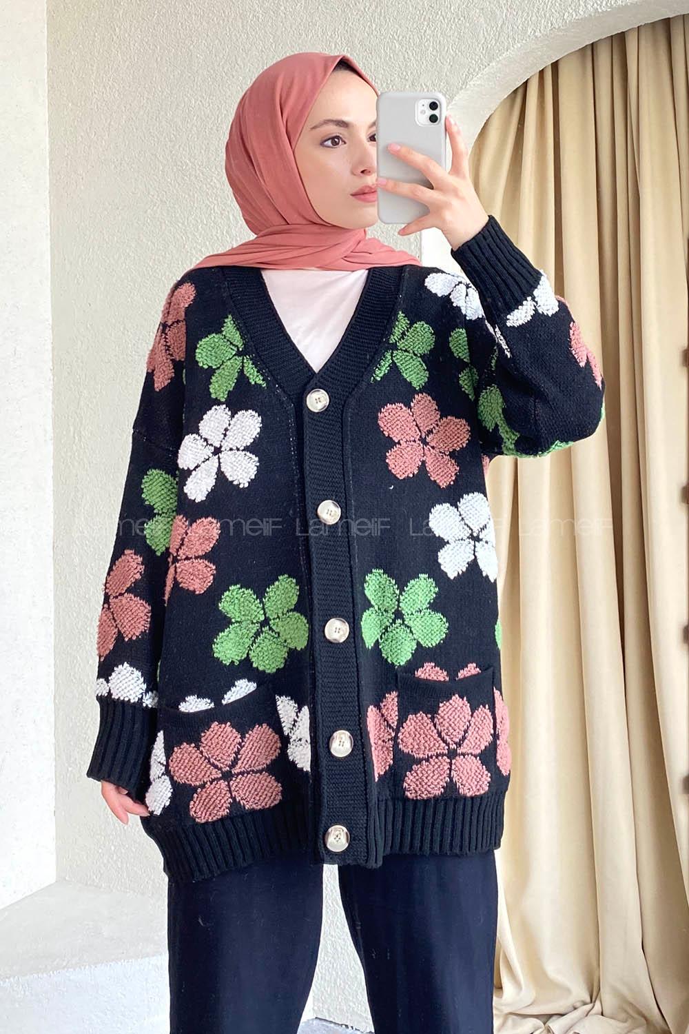 Modalamelif  Papatya Desen Cepli Hırka Siyah