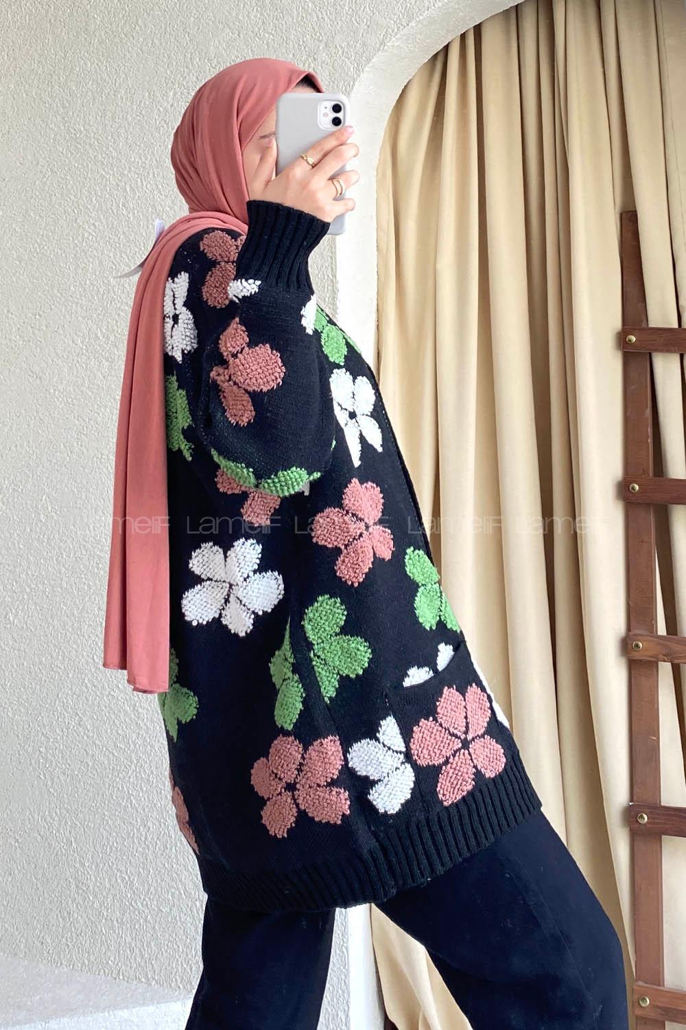 Modalamelif  Papatya Desen Cepli Hırka Siyah