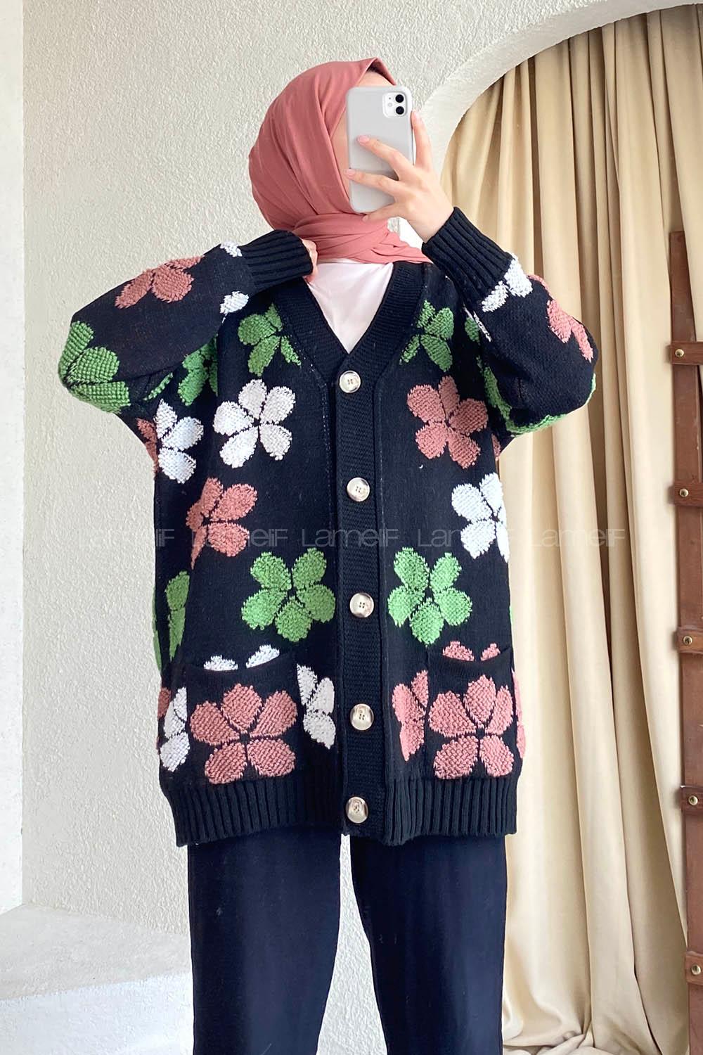 Modalamelif  Papatya Desen Cepli Hırka Siyah