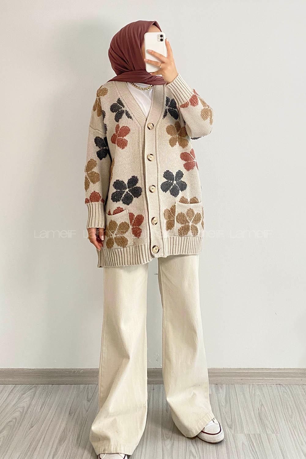 Modalamelif  Papatya Desen Cepli Hırka Taş Rengi