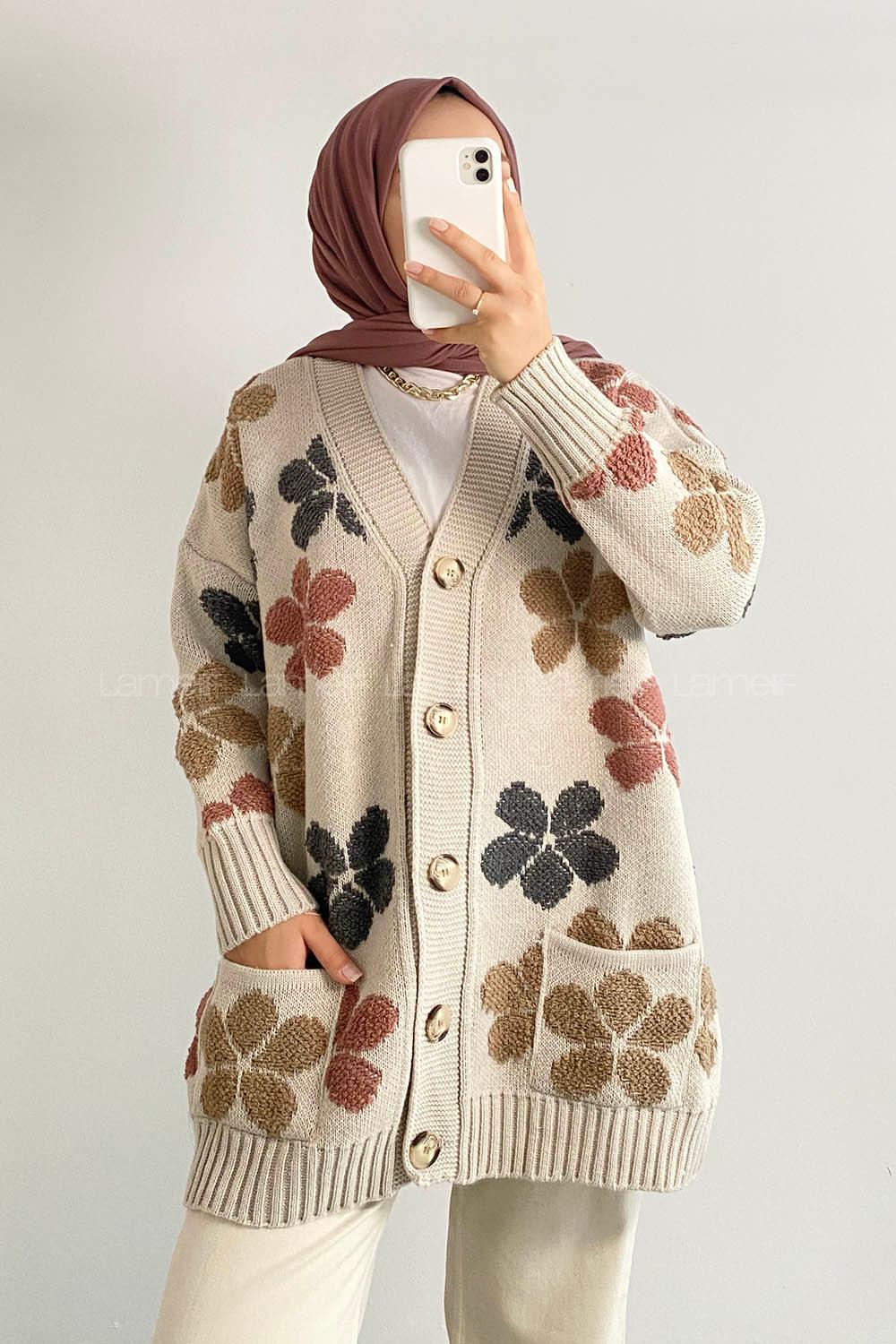 Modalamelif  Papatya Desen Cepli Hırka Taş Rengi