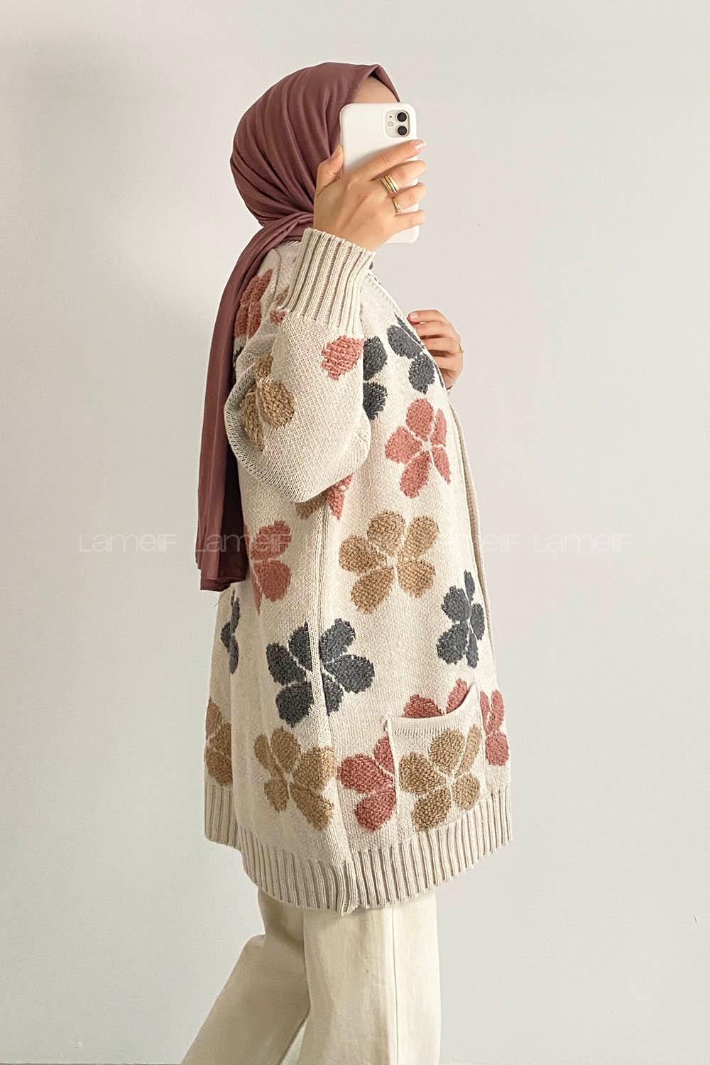 Modalamelif  Papatya Desen Cepli Hırka Taş Rengi