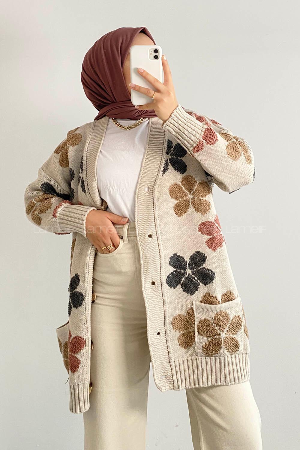 Modalamelif  Papatya Desen Cepli Hırka Taş Rengi