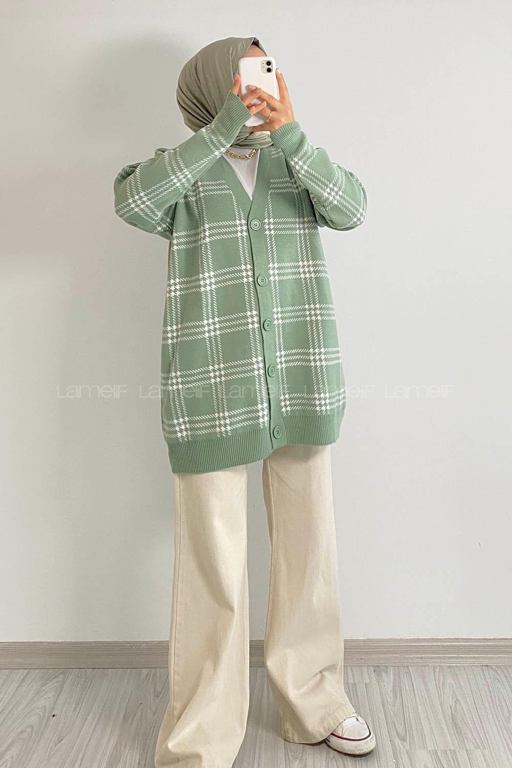 Modalamelif V Yaka Önü Boydan Düğmeli Ekose Desen Triko Hırka Çağla Yeşili