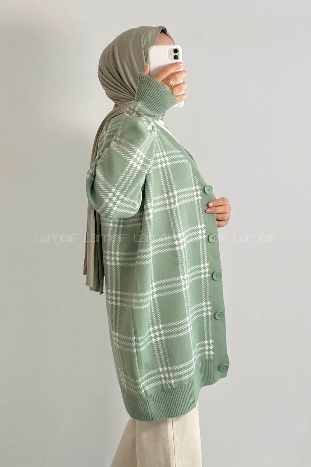 Modalamelif V Yaka Önü Boydan Düğmeli Ekose Desen Triko Hırka Çağla Yeşili