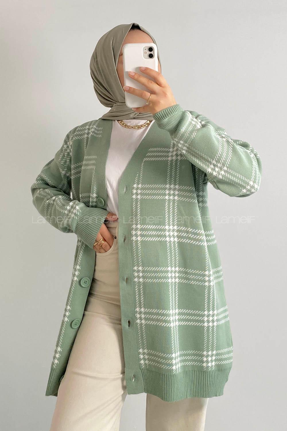 Modalamelif V Yaka Önü Boydan Düğmeli Ekose Desen Triko Hırka Çağla Yeşili