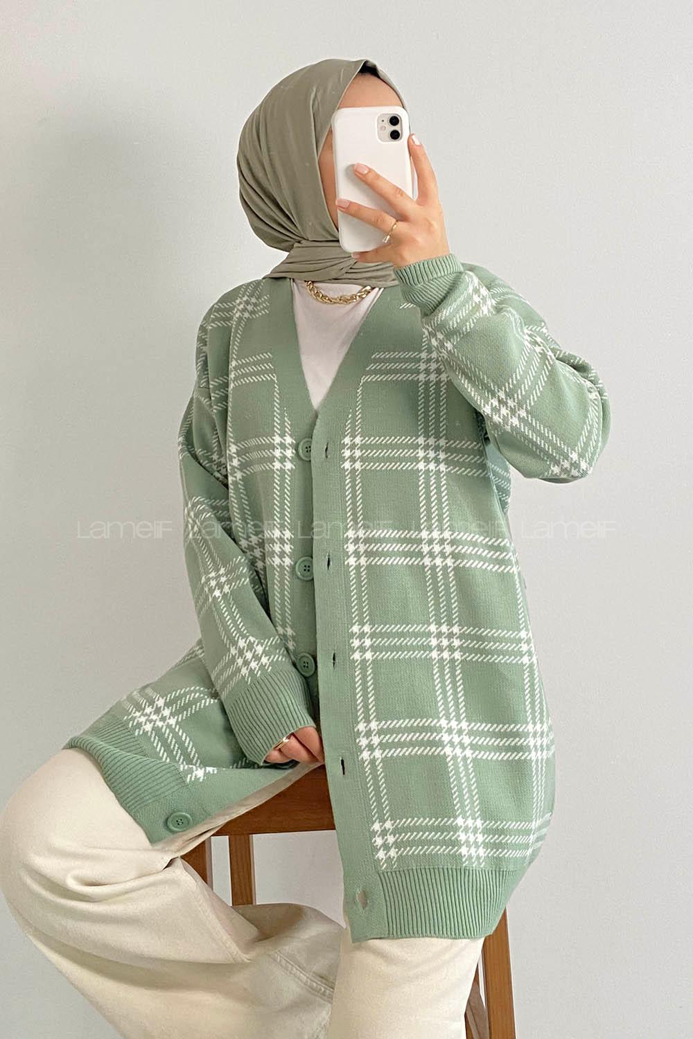Modalamelif V Yaka Önü Boydan Düğmeli Ekose Desen Triko Hırka Çağla Yeşili