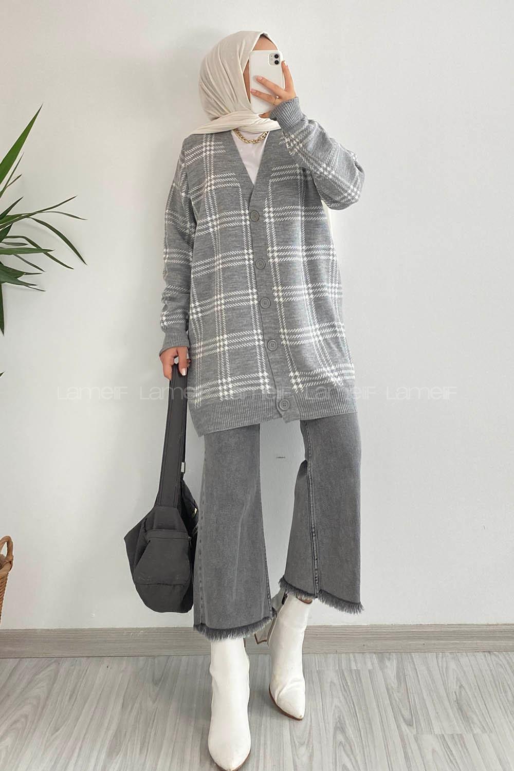 Modalamelif V Yaka Önü Boydan Düğmeli Ekose Desen Triko Hırka Gri