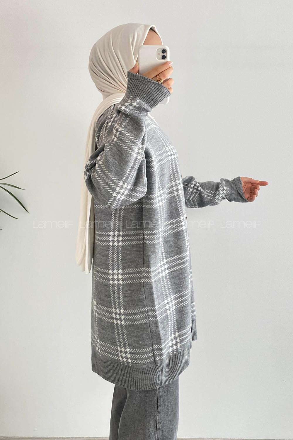 Modalamelif V Yaka Önü Boydan Düğmeli Ekose Desen Triko Hırka Gri