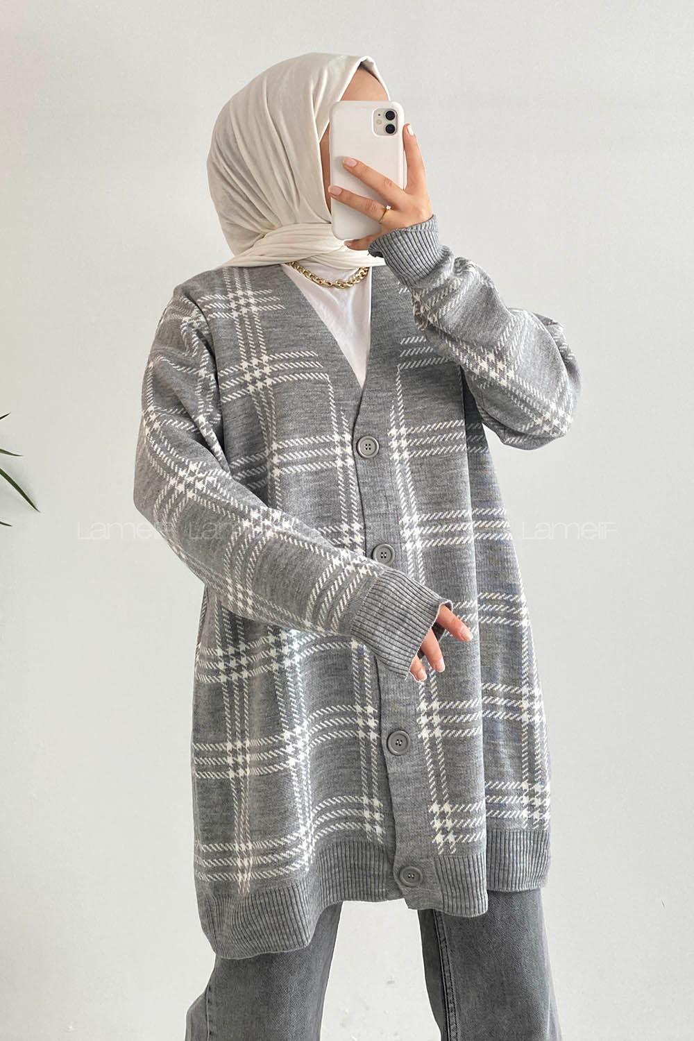 Modalamelif V Yaka Önü Boydan Düğmeli Ekose Desen Triko Hırka Gri