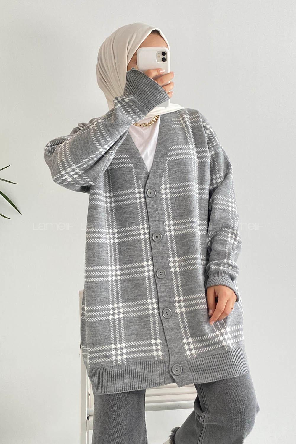 Modalamelif V Yaka Önü Boydan Düğmeli Ekose Desen Triko Hırka Gri