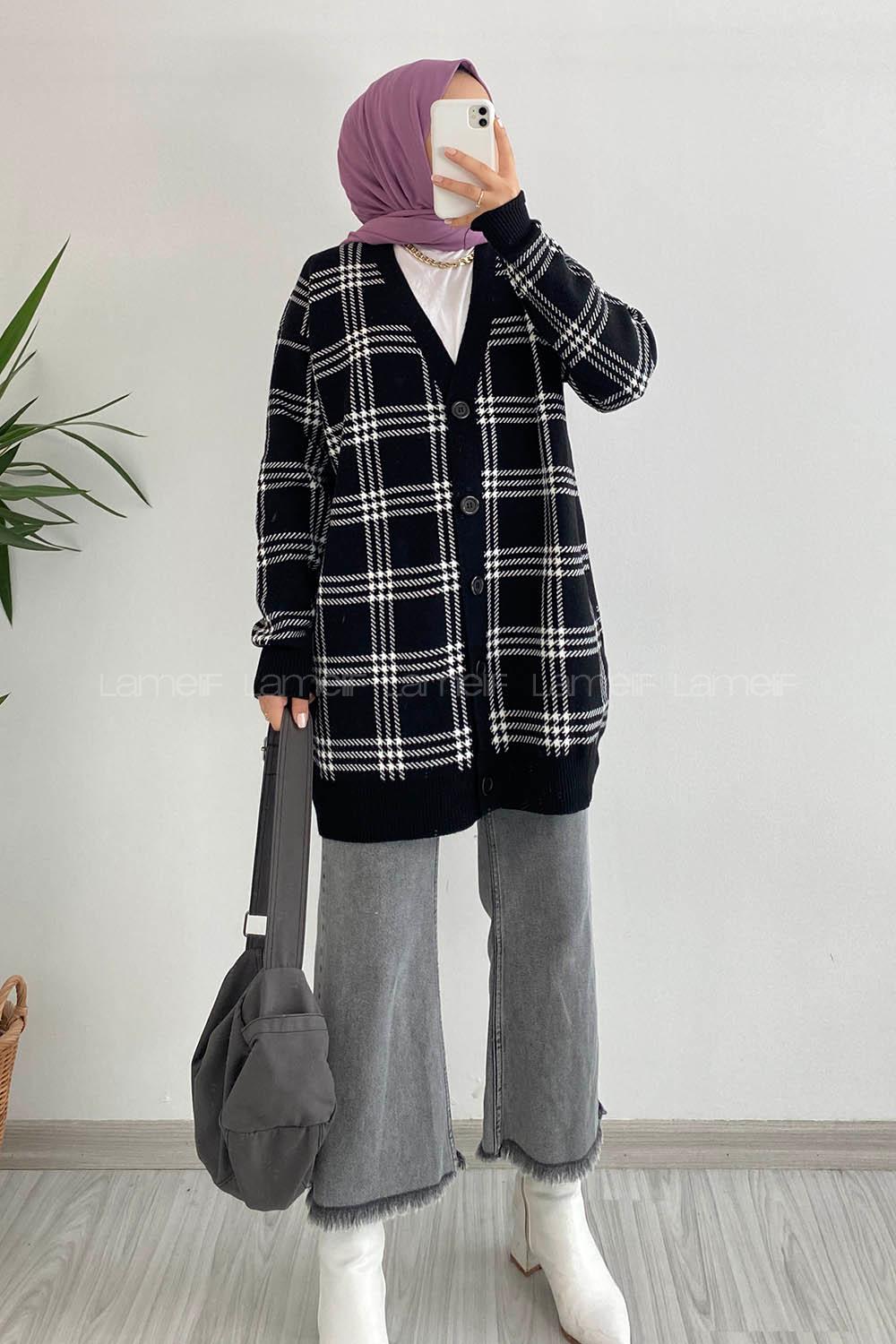 Modalamelif V Yaka Önü Boydan Düğmeli Ekose Desen Triko Hırka Siyah