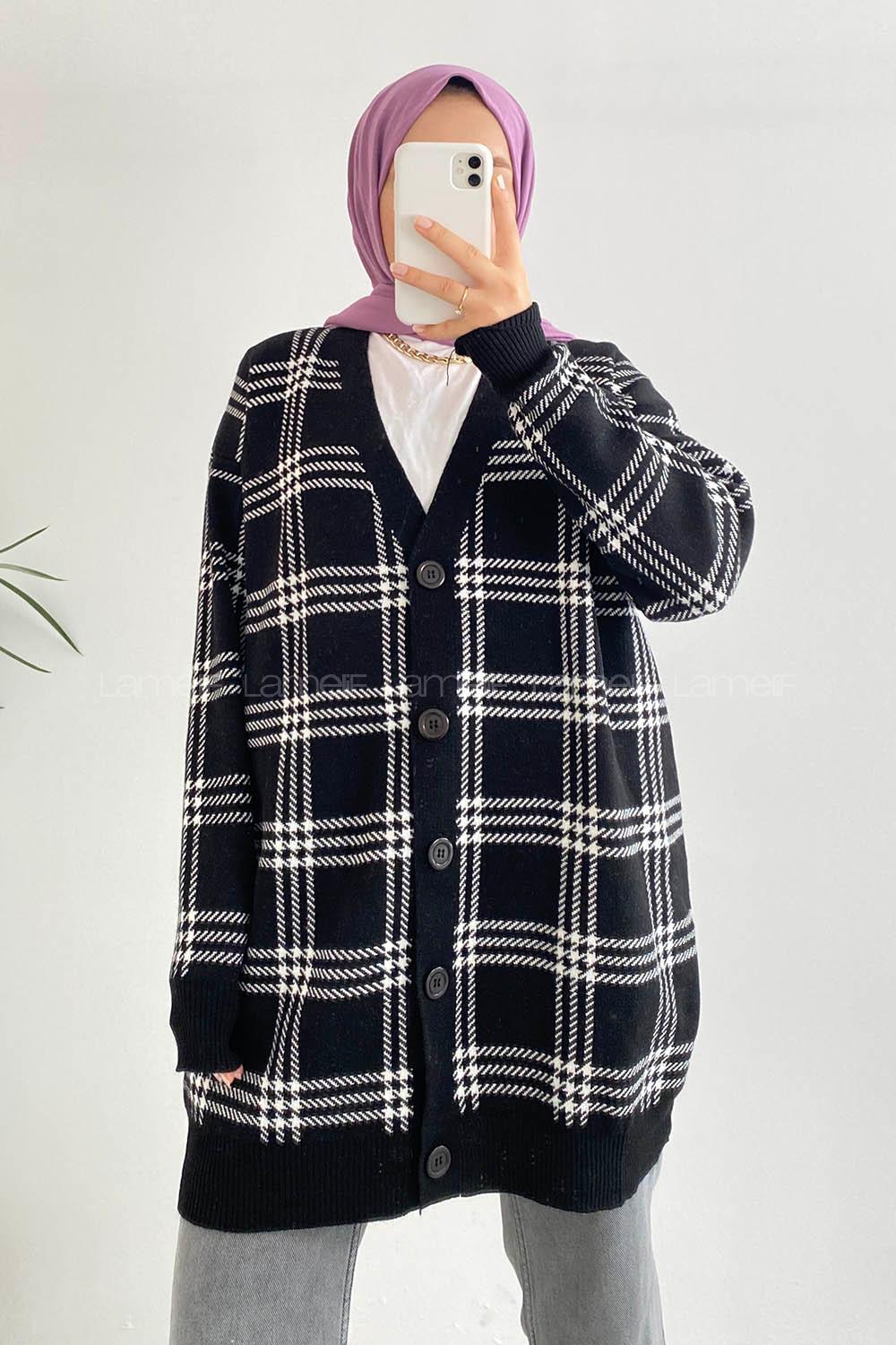 Modalamelif V Yaka Önü Boydan Düğmeli Ekose Desen Triko Hırka Siyah