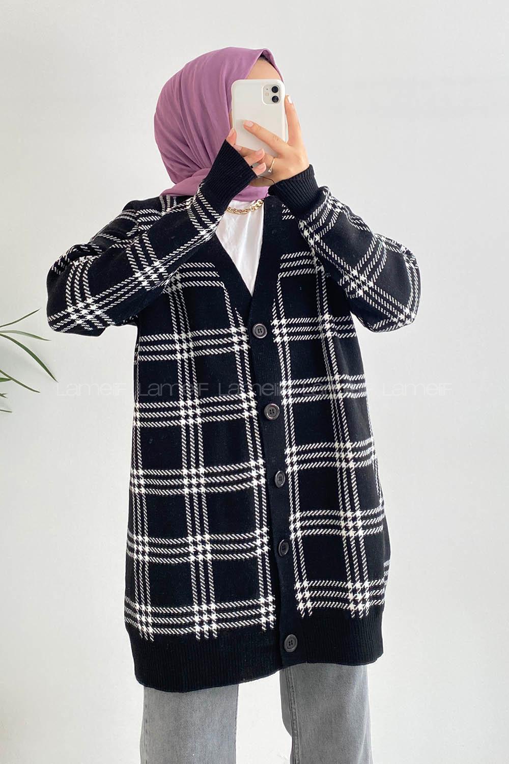 Modalamelif V Yaka Önü Boydan Düğmeli Ekose Desen Triko Hırka Siyah