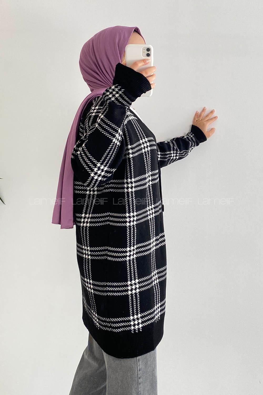 Modalamelif V Yaka Önü Boydan Düğmeli Ekose Desen Triko Hırka Siyah