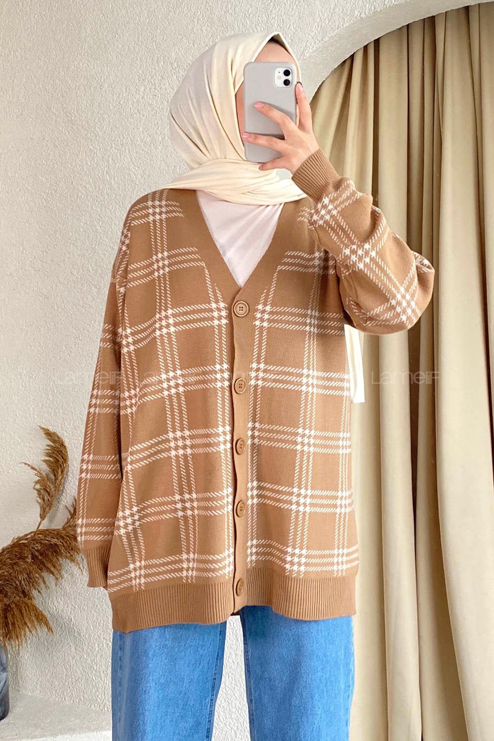 Modalamelif V Yaka Önü Boydan Düğmeli Ekose Desen Triko Hırka Sütlükahve