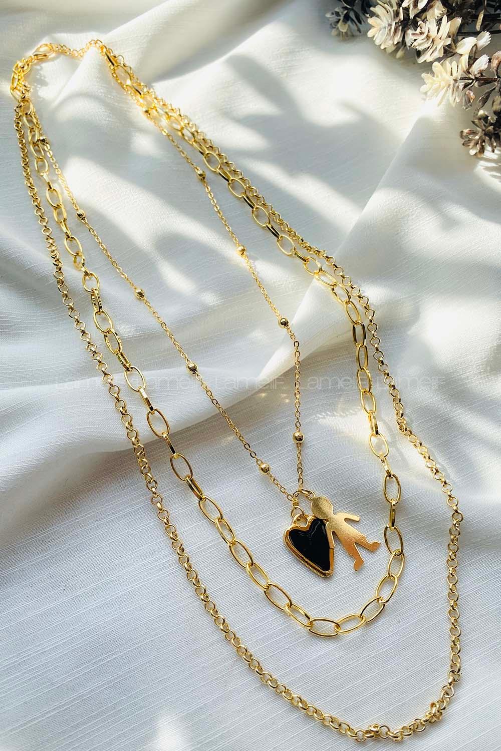 Modalamelif 3lü Siyah Kalp Detaylı Kolye