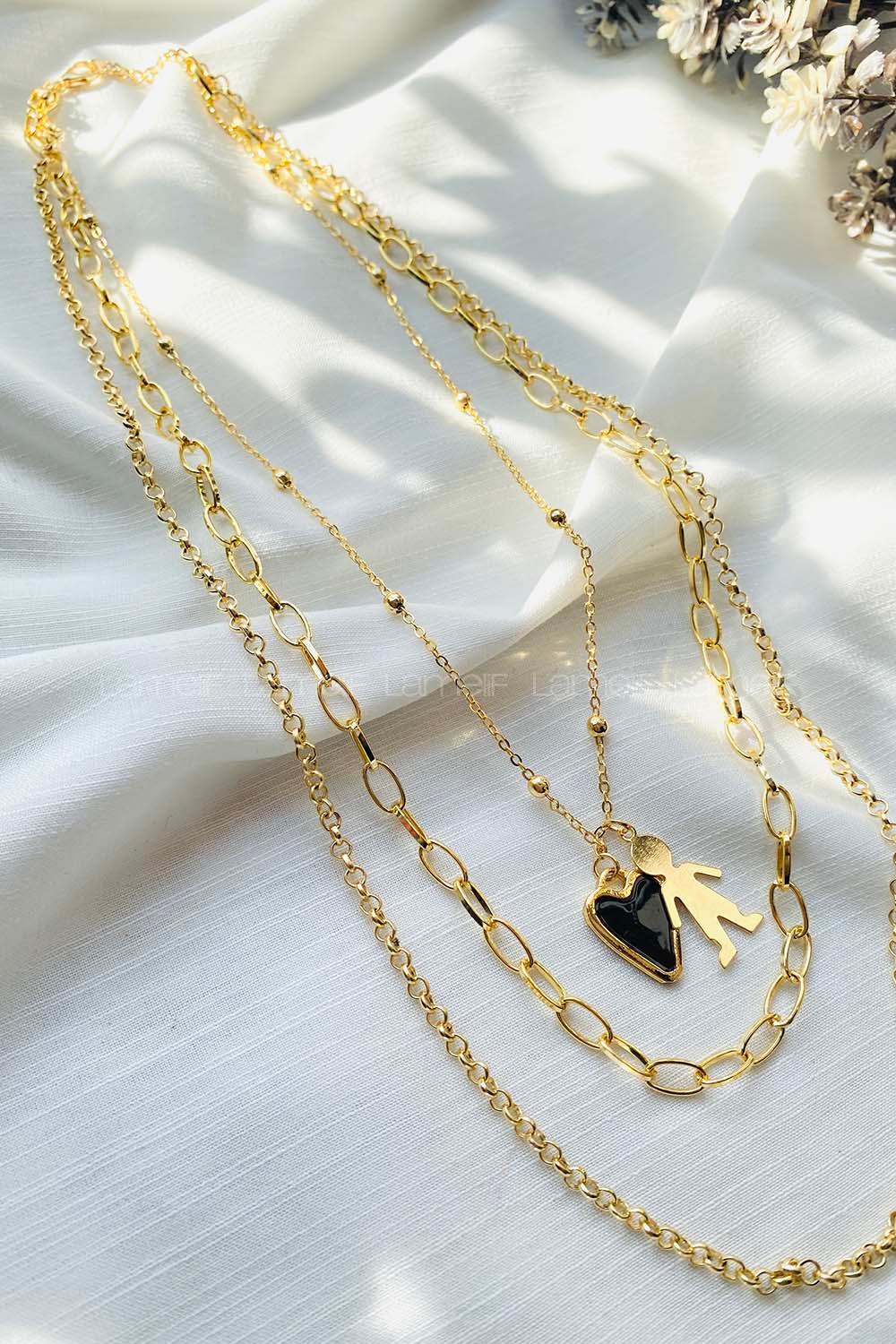 Modalamelif 3lü Siyah Kalp Detaylı Kolye