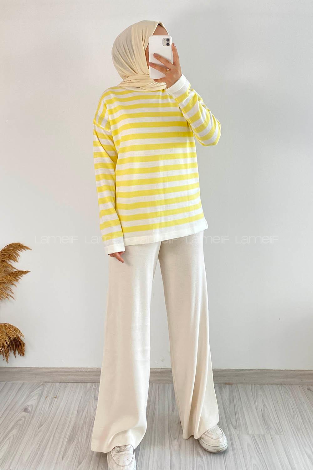 Modalamelif Bisiklet Yaka Çizgili Kazak Sarı