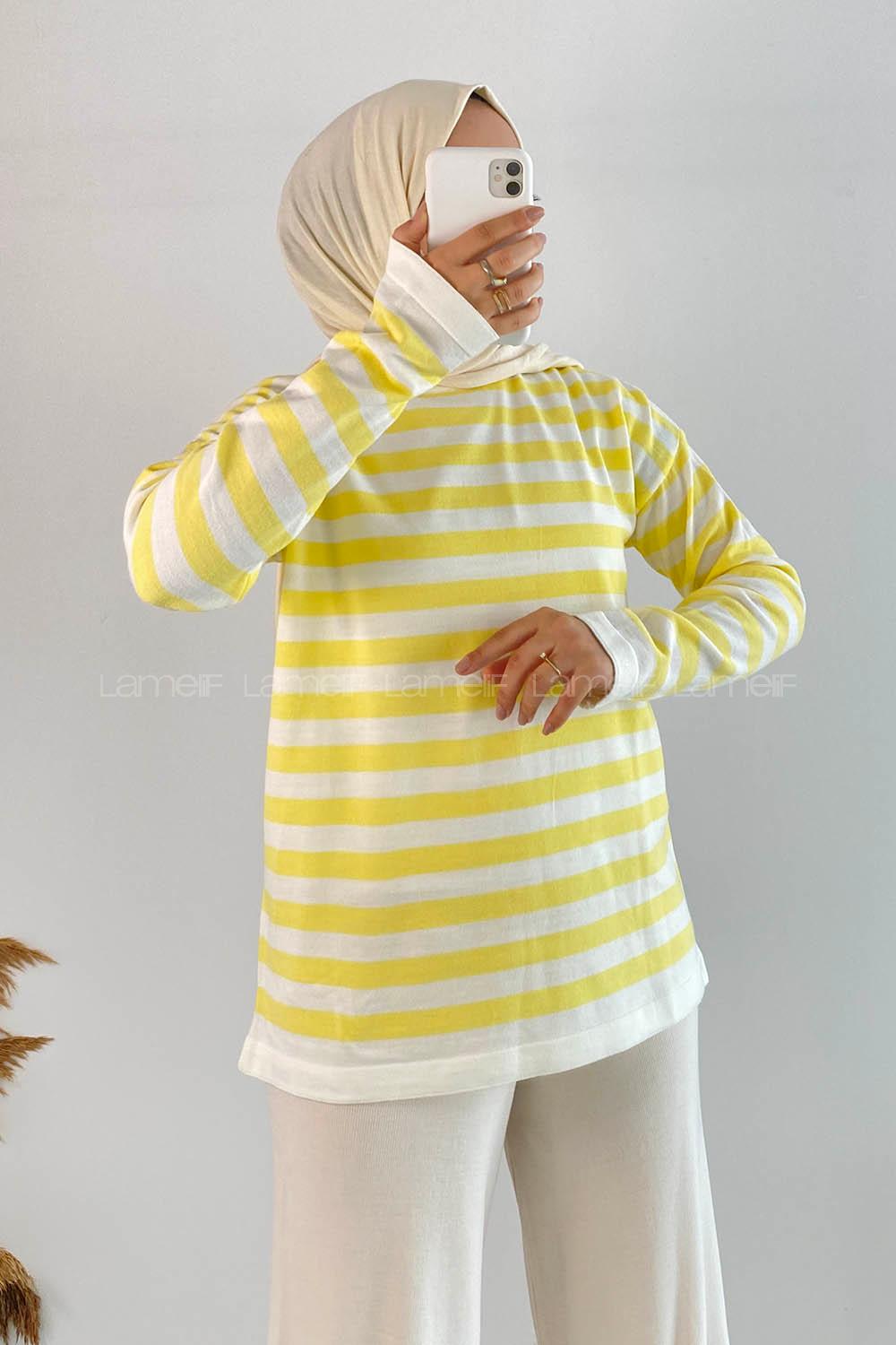 Modalamelif Bisiklet Yaka Çizgili Kazak Sarı